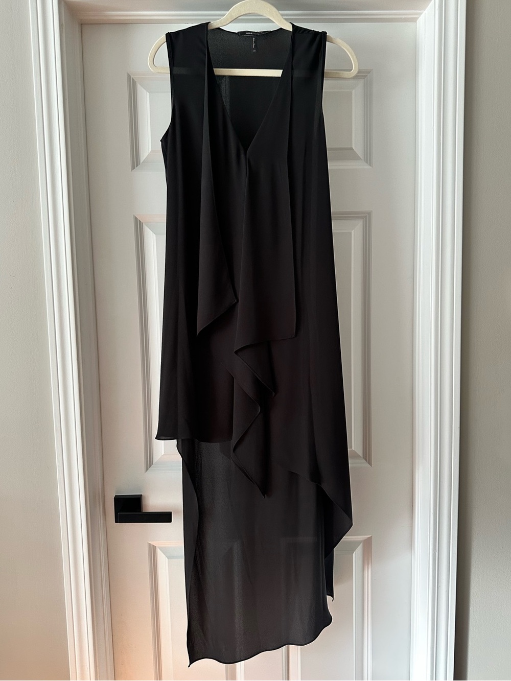 BCBGMAXAZRIA Black Sleeveless Draped Asymmetrical Dress XS
